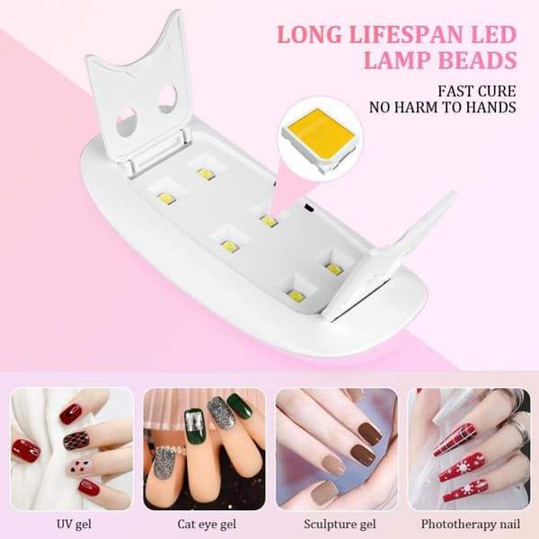 OBOSOE Bärbar UV-lampa för naglar – USB-driven, kompakt modell med 6 LED-lampor, vit/rosa