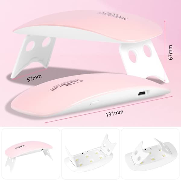 OBOSOE Bärbar UV-lampa för naglar – USB-driven, kompakt modell med 6 LED-lampor, vit/rosa