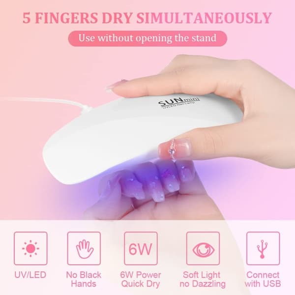 OBOSOE Bärbar UV-lampa för naglar – USB-driven, kompakt modell med 6 LED-lampor, vit/rosa