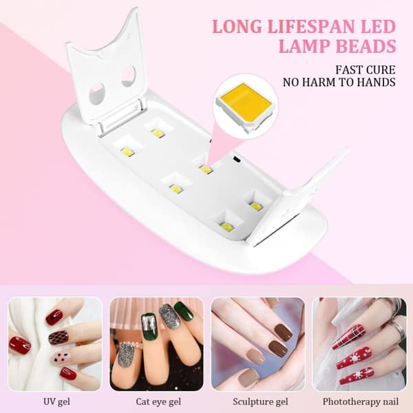 OBOSOE Bärbar UV-lampa för naglar – USB-driven, kompakt modell med 6 LED-lampor, vit/rosa