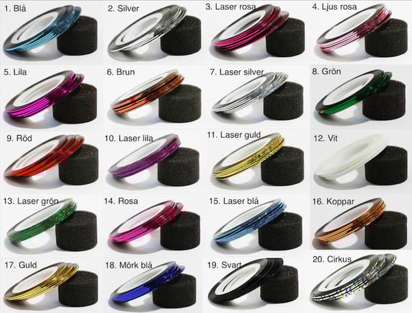 Stribetape, negletape, neglepynt 20 farver