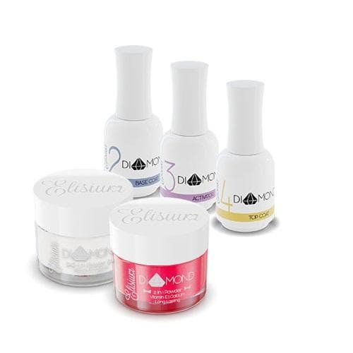 ELISIUM_SET Zestaw Diamond Mini Base Coat 15ml + Activator 15ml + Top Coat 15ml + Clear 23g + ĹĽel Brown Red 23g