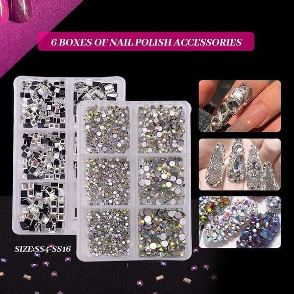 6 stk Rhinestone - Ulike størrelser - Zirkon - Negledekorasjoner