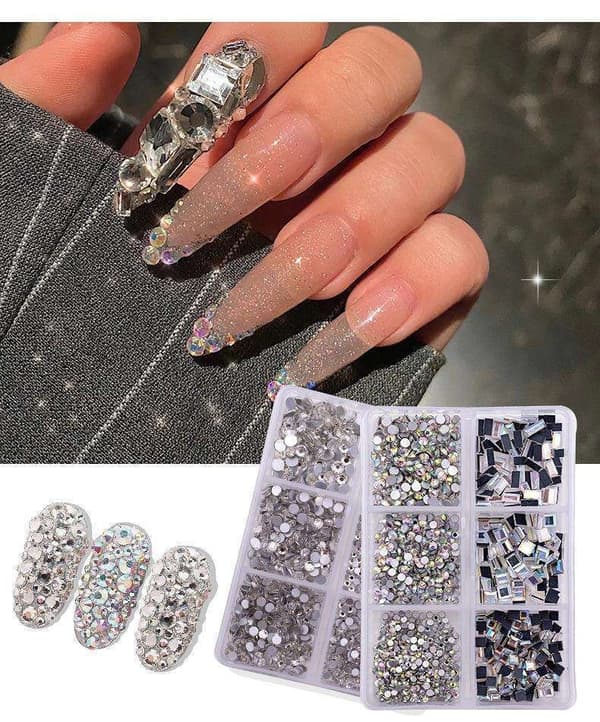 6 stk Rhinestone - Ulike størrelser - Zirkon - Negledekorasjoner