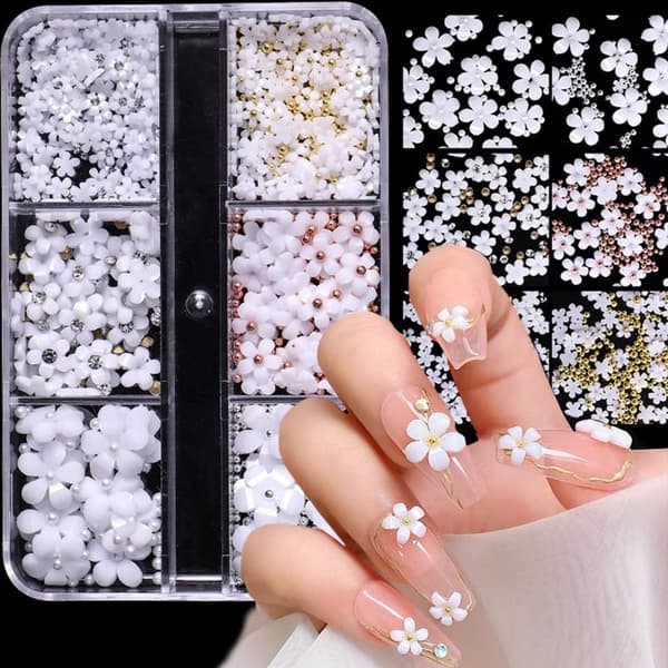 INF 3D blomster Nail Art Charms Hvid