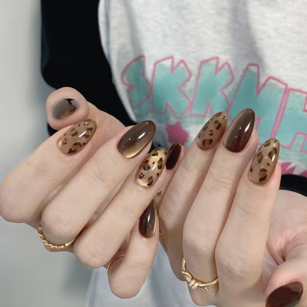 INF Brune Leopard Cat Eye Press-On Negle - Salonkvalitetslook