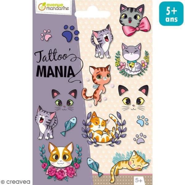 Tillfälliga tatueringar - AVENUE MANDARINE - Tattoo's Mania Katter - Känslig hud - 16 mönster