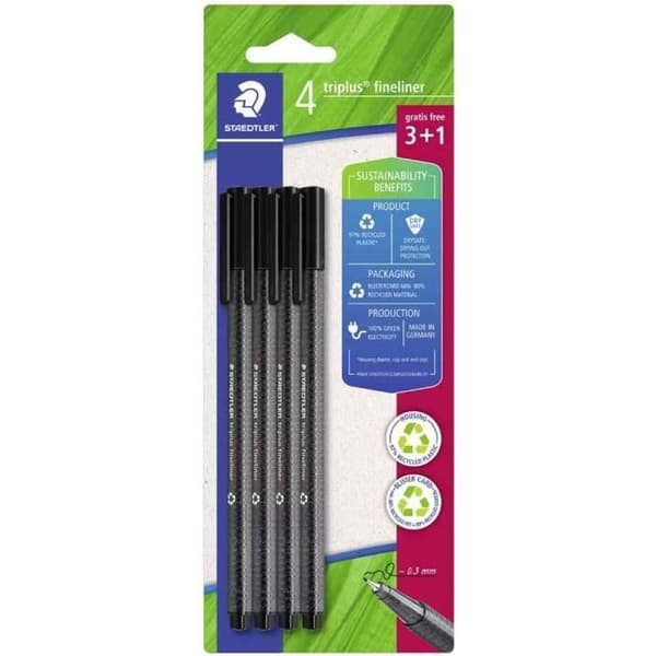 Fineliner triplus, svart, blisterförpackning om 4