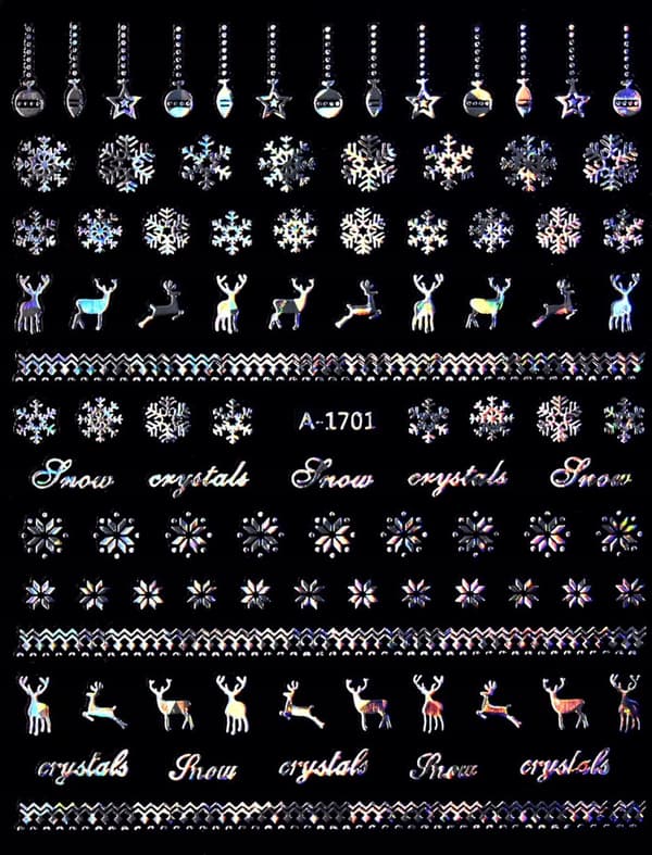 Jouluiset kynsitarrat, kimaltelevat joulupallot, porot, lumihiutaleet