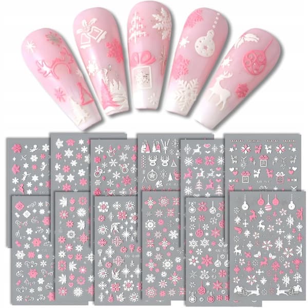 12x JULNAGELKLISTERMÄRKE Konvexa Självhäftande SNÖFLINGOR SET