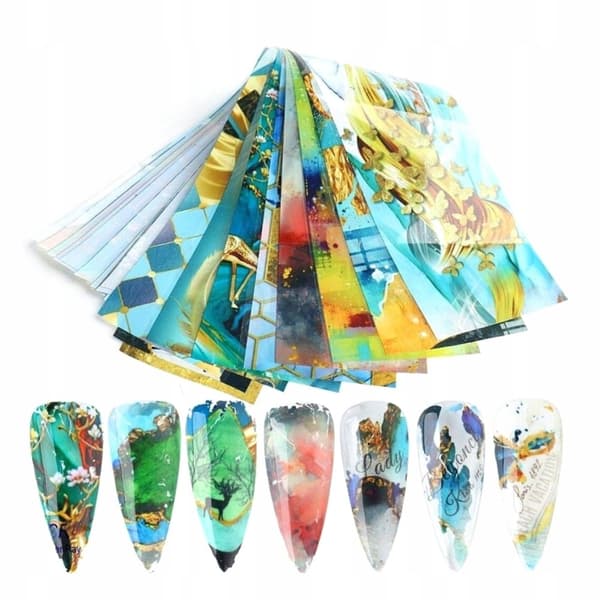 10 kpl kynsien siirtofolioita 10 cm x 4 cm, setti: peura, marmori, höyhen