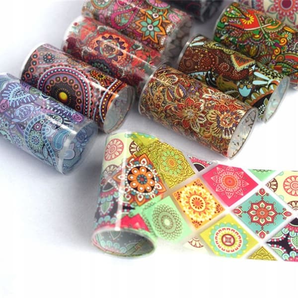 10 kpl siirtofoliota 10 cm x 4 cm mandala- ja heimokukkisetti