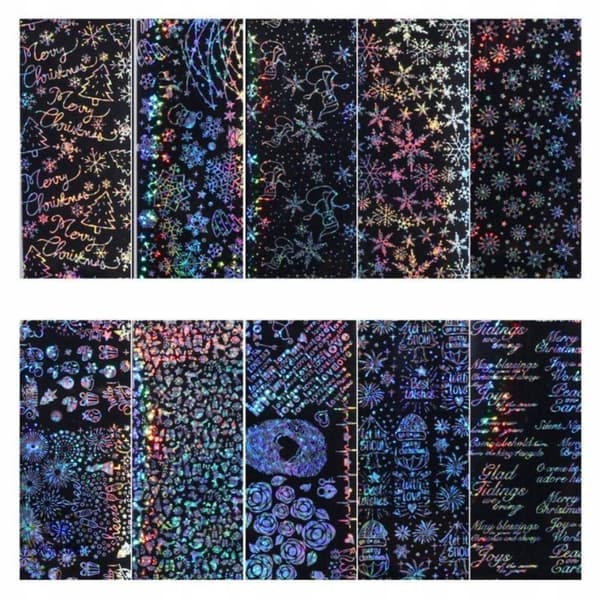 10x HOLOGRAAFINEN SIIRTOFOLIO 10cm x 4cm LUMIHIUTALESETTI, JOULU