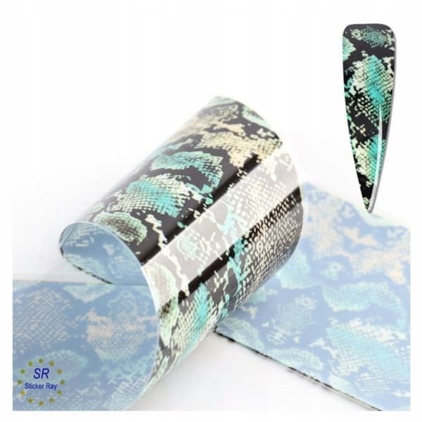 10 kpl kynsien siirtofoliota 10 cm x 4 cm, sarja käärmeennahka, käärme, simpukka