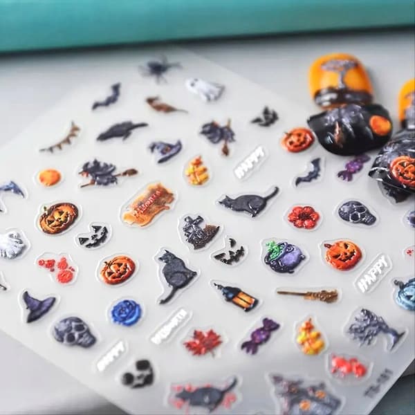 Itseliimautuvat 3D-kuperat kynsitarrat kuvioilla Halloween kissa kurpitsa