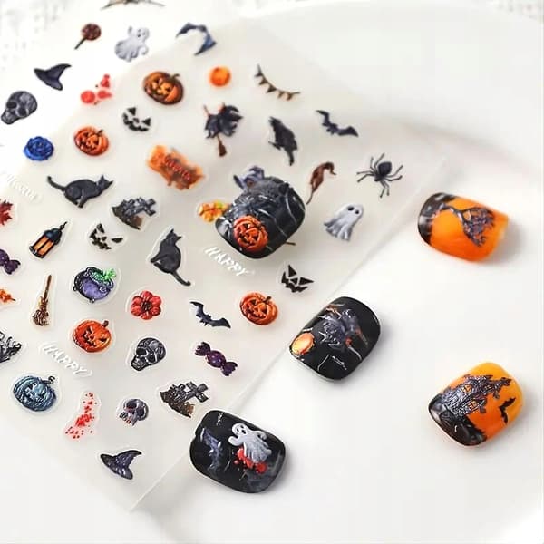 Itseliimautuvat 3D-kuperat kynsitarrat kuvioilla Halloween kissa kurpitsa