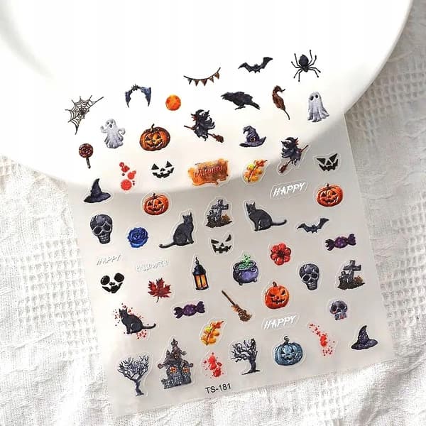 Itseliimautuvat 3D-kuperat kynsitarrat kuvioilla Halloween kissa kurpitsa