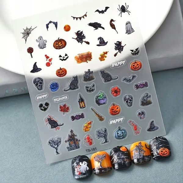 Itseliimautuvat 3D-kuperat kynsitarrat kuvioilla Halloween kissa kurpitsa