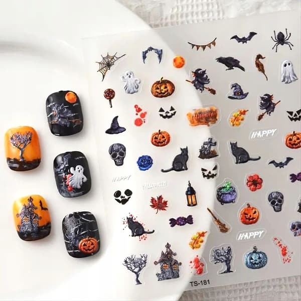 Itseliimautuvat 3D-kuperat kynsitarrat kuvioilla Halloween kissa kurpitsa