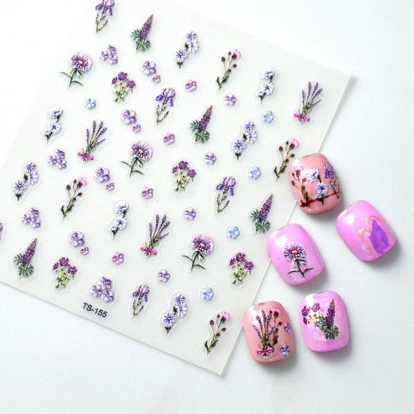 Självhäftande 3D Konvexa Nagelklistermärken Mönster Lila Blommor