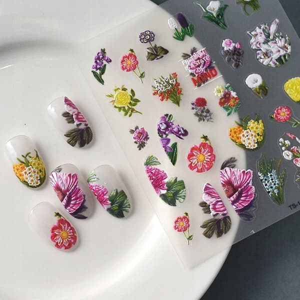 Selvklæbende 3D Konvekse Negleklistermærker Mønstre BLOMSTER