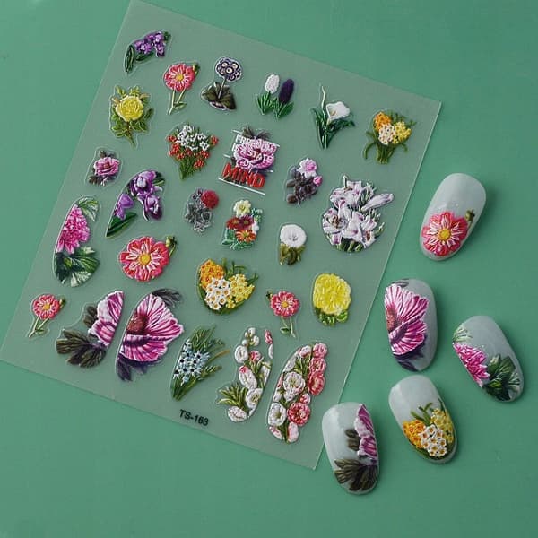 Selvklæbende 3D Konvekse Negleklistermærker Mønstre BLOMSTER