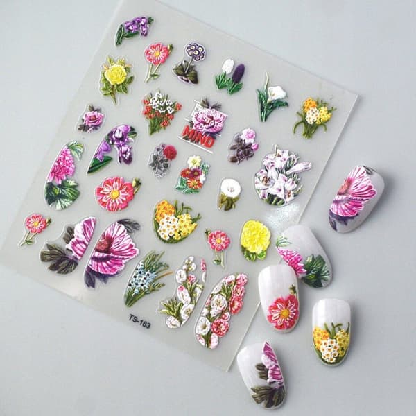 Selvklæbende 3D Konvekse Negleklistermærker Mønstre BLOMSTER