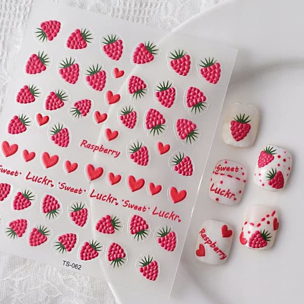 FRUIT Självhäftande Konvexa 3D Nagelklistermärken Mönster HALLON