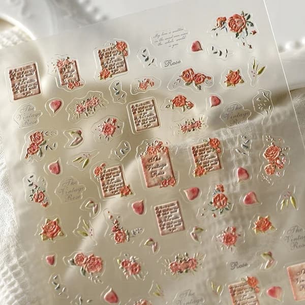 3D-kynsitarrat, itseliimautuvat, kuperat kuviot, kaiverrukset, kukat, ruusut