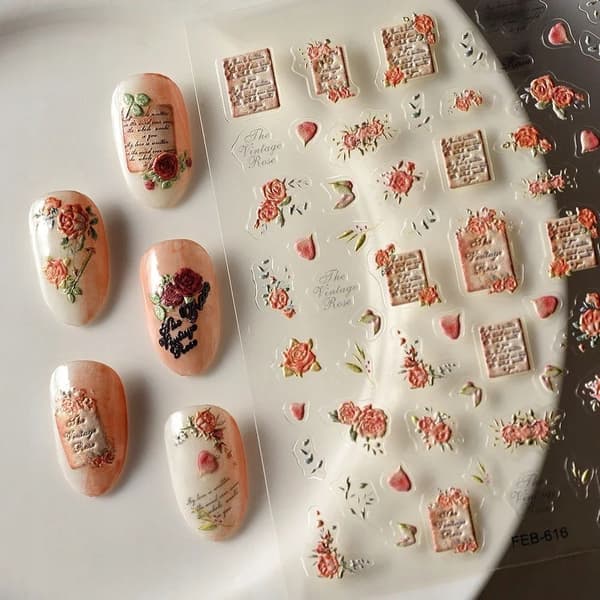 3D-kynsitarrat, itseliimautuvat, kuperat kuviot, kaiverrukset, kukat, ruusut