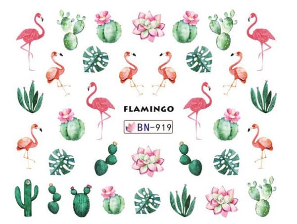 Vattendekaler - Flamingo + Kaktus - BN-919 - För naglar
