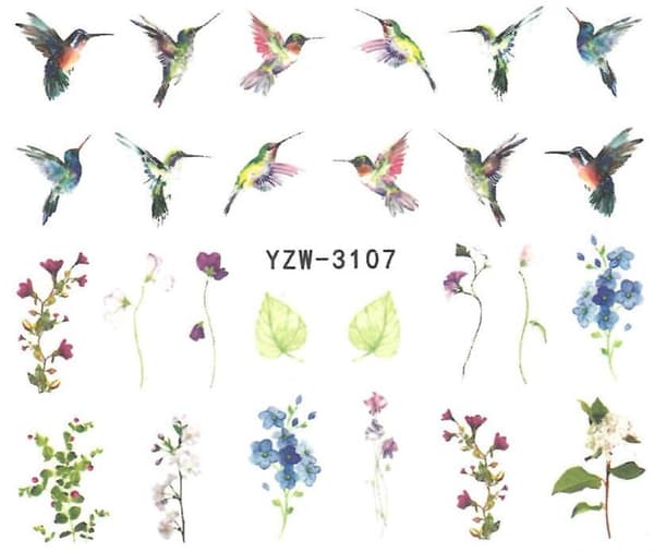 Vattendekaler - Fåglar och Blommor - YZW-3107 - För naglar