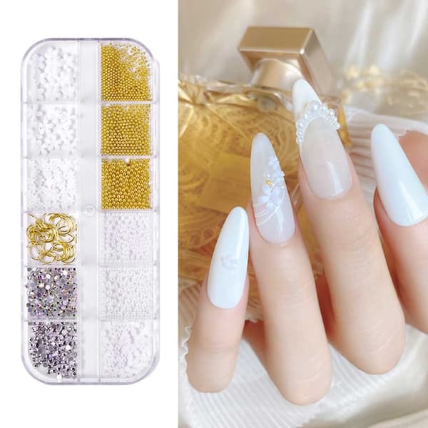 Rhinestone Nageldekorationer i Ask – Pärlor Blommor Kristaller