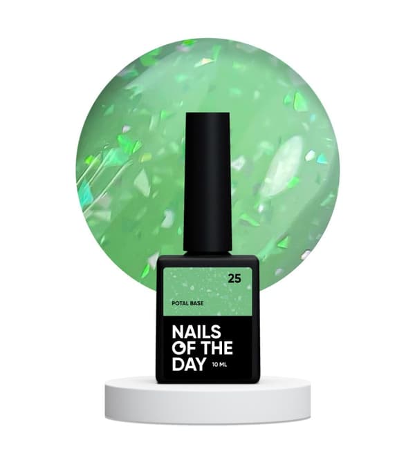 NAILSOFTHEDAY Potal base 25 - lysegrøn base med holografiske flager, 10 ml