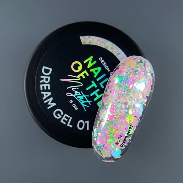 NAILSOFTHENIGHT Dream gel 01 - maitomaisen vaaleanpunainen geeli koristeluun kuusikulmioilla ja glitterillä, 5 g