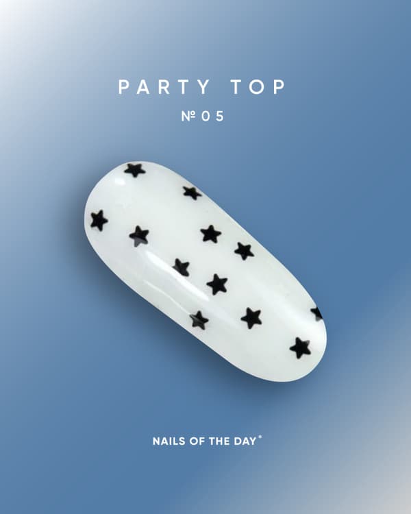 NAILSOFTHEDAY Festtop 05 - gennemsigtig top med hvide og sorte stjerner, ikke-klæbende lag, 10 ml.