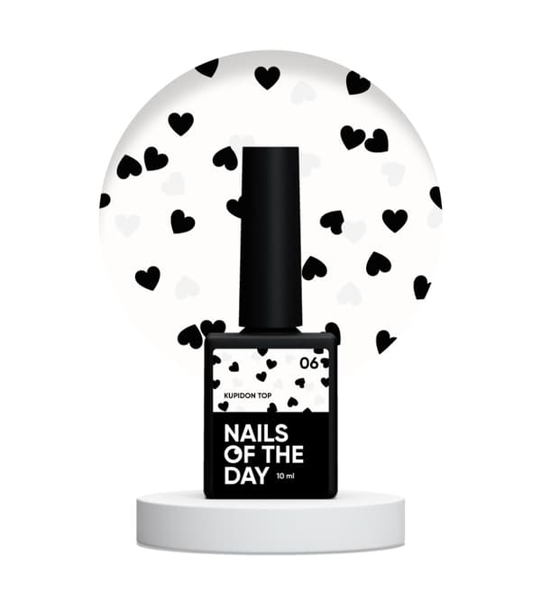 NAILSOFTHEDAY Kupidon toppi 06 — toppi mustilla ja holografisilla sydämillä ilman tahmeaa kerrosta, 10 ml
