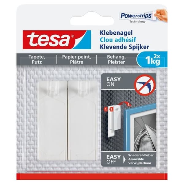 Självhäftande spik - TESA - För tapeter & gips - Belastning 1 Kg - Återanvändbar - Powerstrips