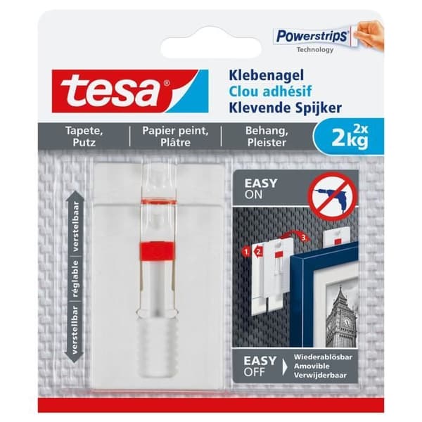 Justerbar självhäftande spik - TESA - För tapeter &amp; gips - Belastning 2 Kg