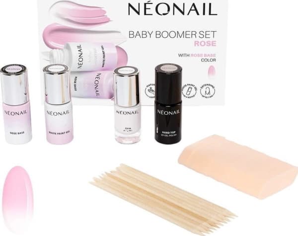 NEONAIL_SET Baby Boomer Rose kynsien aluslakka 7.2ml + Valkoinen hybridi kynsilakka 6.5ml + hybridi päällyslakka 7.2ml + puutikut 10kpl + ombre siene