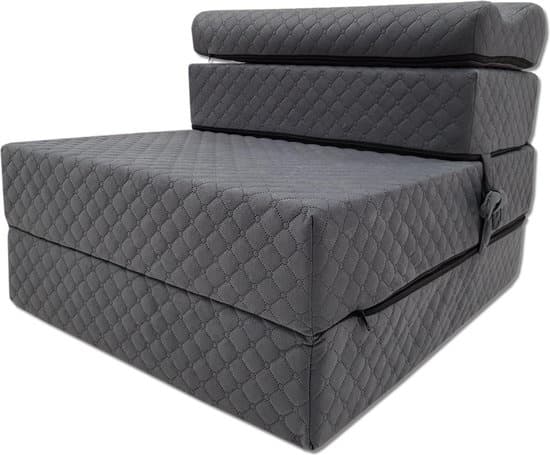 Kompakt rejsemadras med nakkeunderstøttelse - Grå, 200x70x15 cm, Foldbar & Vaskbar betræk