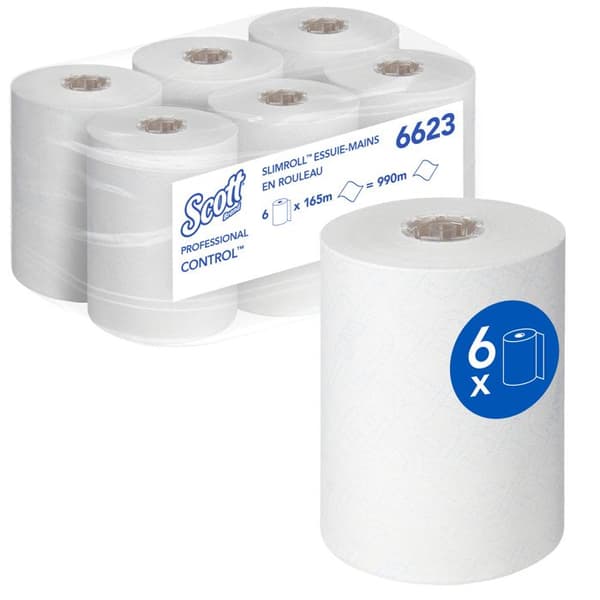 Scott Control Slimroll engångspapper rullade handdukar 6623 6 rullar pappershanddukar x 165 m vitt papper
