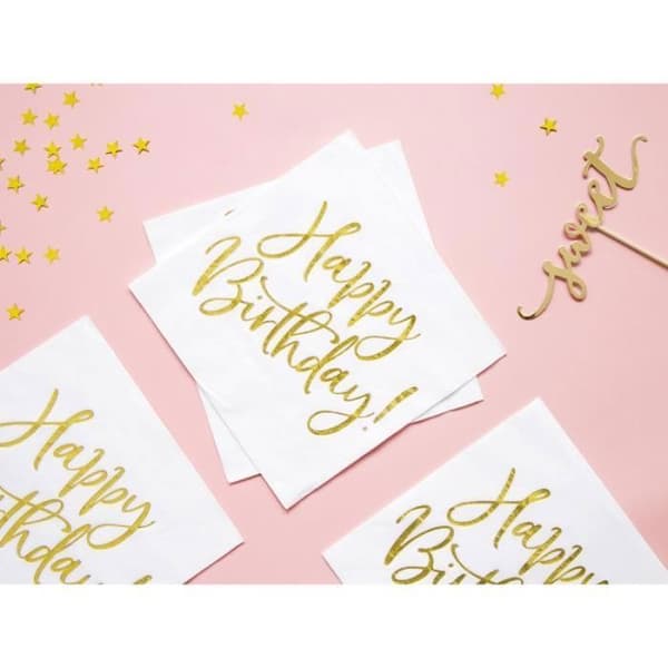 Set med 20 Happy Birthday pappersservetter i guld 33 x 33 cm