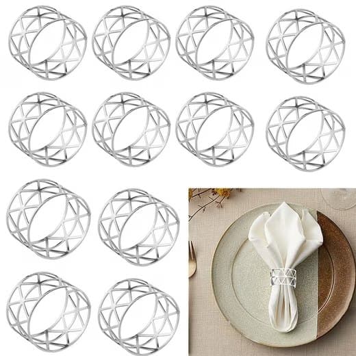 12-pack metall servettringar, bladdesign, för bröllopsfest, middag, Ramadan, jubileum och påskborddekoration Silver