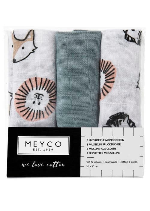 Meyco Baby Animal handdukar - paket med 3 - hydrofila - flerfärgad - 30x30cm