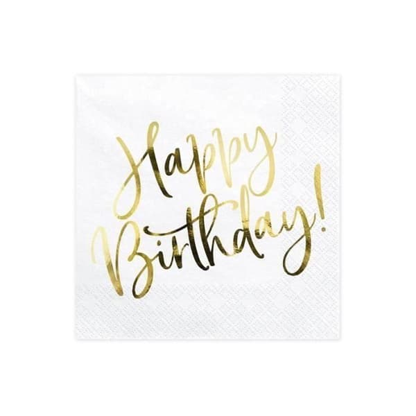 Set med 20 Happy Birthday pappersservetter i guld 33 x 33 cm