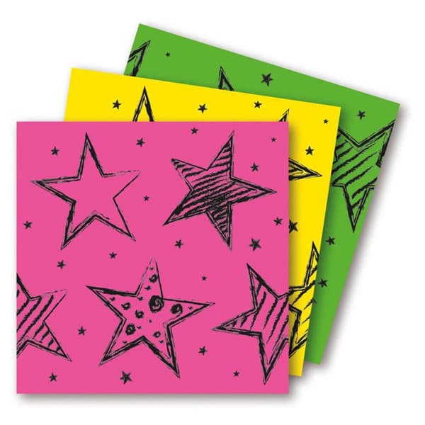 Pappersservetter - Neonfest - 33x33cm - Pack med 16 - Neonfärger - Svarta stjärnor