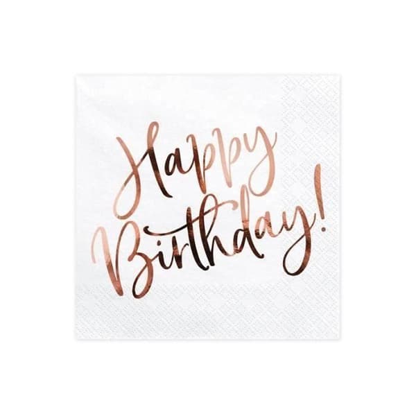 Set med 20 Happy Birthday roséguld pappersservetter 33 x 33 cm