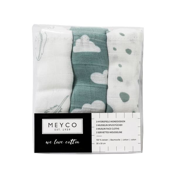 Meyco Baby Clouds/Dots/Fjädrar handduk - paket med 3 - hydrophil - stone green - 30x30cm