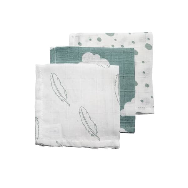 Meyco Baby Clouds/Dots/Fjädrar handduk - paket med 3 - hydrophil - stone green - 30x30cm